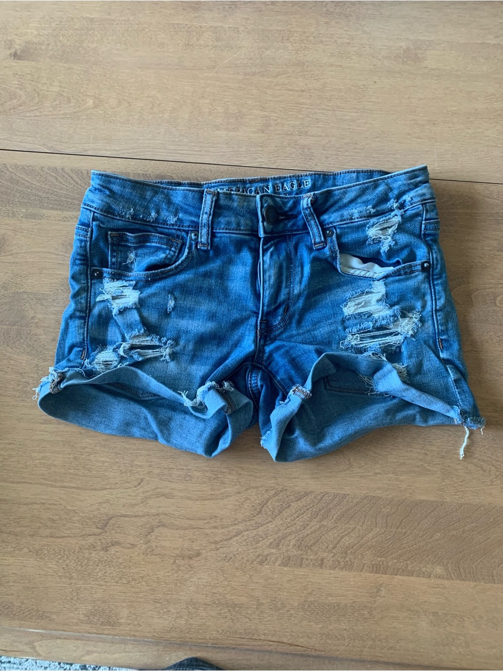 American Eagle Outfitters Blue Distressed Roll-Cuff Denim Shorts